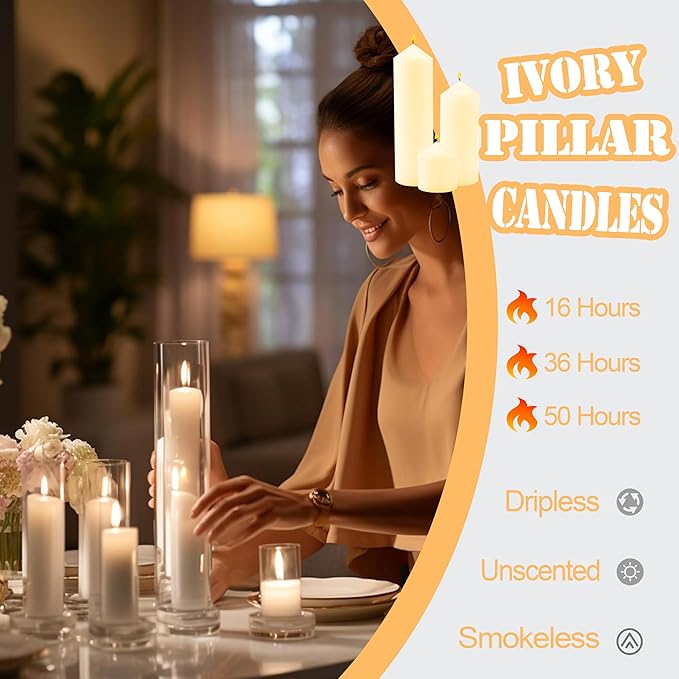 36 Pcs Ivory Pillar Candles Bulk Set，2x3 2x6 2x8 Inch - 12 Each Size，Hurricane Candles，Dripless Unscented Smokeless，Gives You a Better Atmosphere When Organizing Wedding or Event Party.