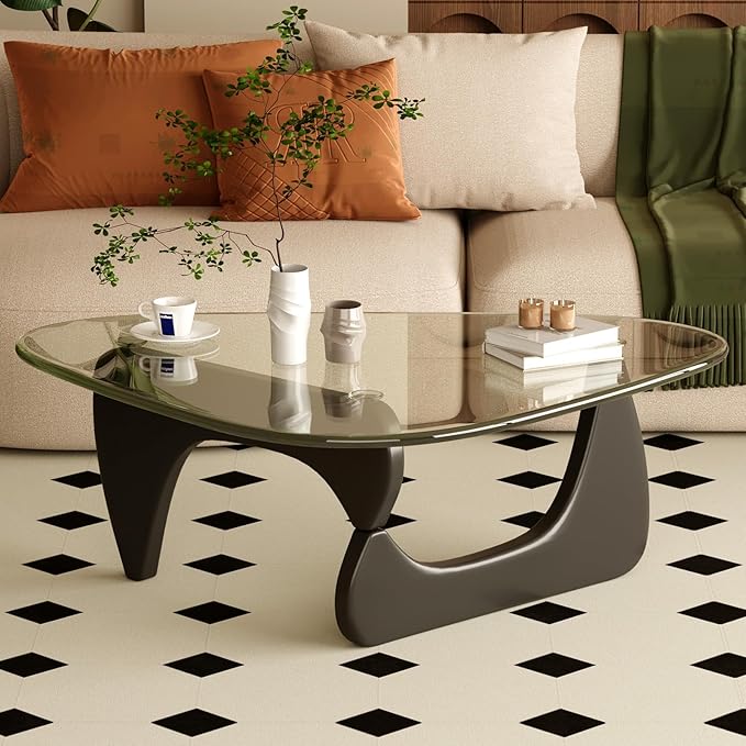 Coffee Table for Living Room Mid Century Modern Center Table with Glass Top, Black Transparent