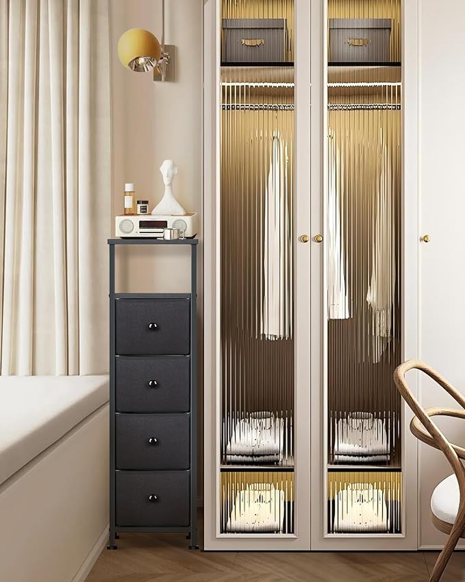 Narrow Dresser for Bedroom, Fabric Tall Dresser & Chests of Drawers with 4 Drawers, Vertical Organizer Storage Tower Unit for Bedroom, Hallway, Entryway Balck