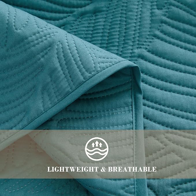 Exclusivo Mezcla Queen Quilt Bedding Set, Lightweight Teal Quilts Queen Full Size for All Seasons, Soft Microfiber Bedspreads Coverlets Bed Cover with Leaf Pattern, 3 Piece