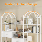Semoic 83.5" Tall Arched Bookshelf, Triple Wide 6-Tier Large Open Book Shelf with 3 Drawers Storage, Etagere Bookcase with Display Shelf, Industrial Bookshelf with Metal Frame for Living Room, White