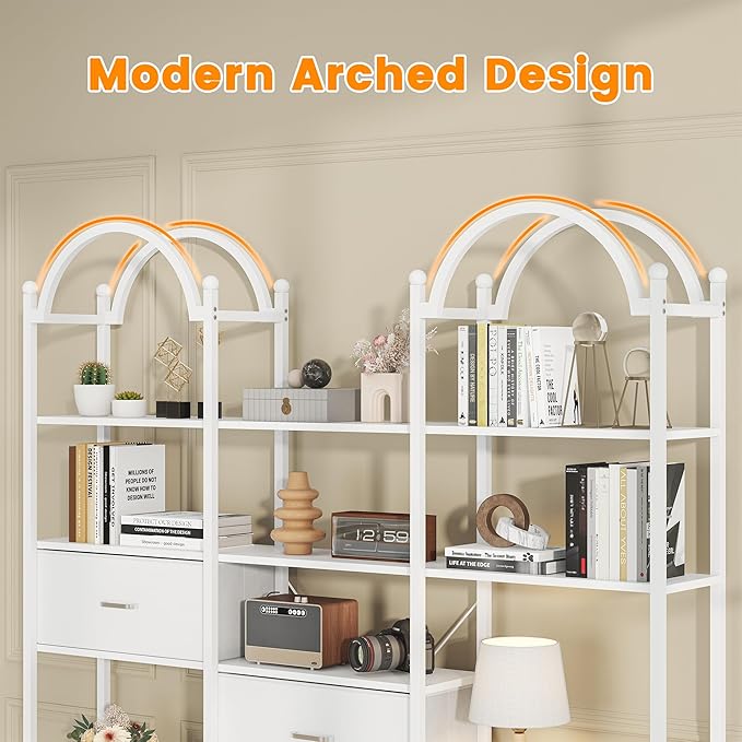 Semoic 83.5" Tall Arched Bookshelf, Triple Wide 6-Tier Large Open Book Shelf with 3 Drawers Storage, Etagere Bookcase with Display Shelf, Industrial Bookshelf with Metal Frame for Living Room, White