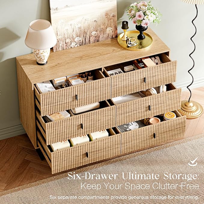 6 Drawer Dresser,47" Wide Mid Century Chest of Drawers,Wooden Bedroom Drawer Dresser with 6 Storage Drawers for Bedroom,Living Room,with Anti-Tipping Device,Warm Wood