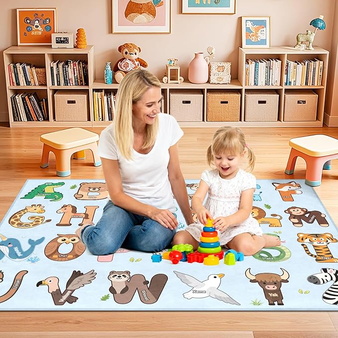 Kids Rugs for Playroom - 2.5x4 Feet ABC Rug for Toddler Children Educational Learning Animal, Alphabet Rug Kids Play Mat Nursery Bedroom Kindergarten Decor, Blue