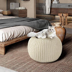 HOMBYS Unstuffed Ottoman Pouf Cover, 100% Cotton Handmade Knitted Ottoman Pouf Cover Round Foot Stool, Floor Bean Bag Chair, Foot Rest with Storage for Living Room Bedroom, Beige(Cover ONLY NO Filler)
