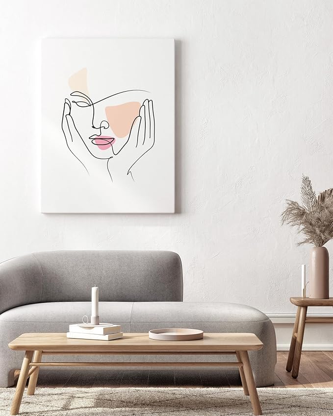 Aesthetic Face Wrapped Canvas Wall Art Hands on Cheeks Continuous Line Drawing Abstract Pink 24x36 Inch Gallery Stretched Modern Home Art Decor