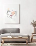 Aesthetic Face Wrapped Canvas Wall Art Hands on Cheeks Continuous Line Drawing Abstract Pink 24x36 Inch Gallery Stretched Modern Home Art Decor