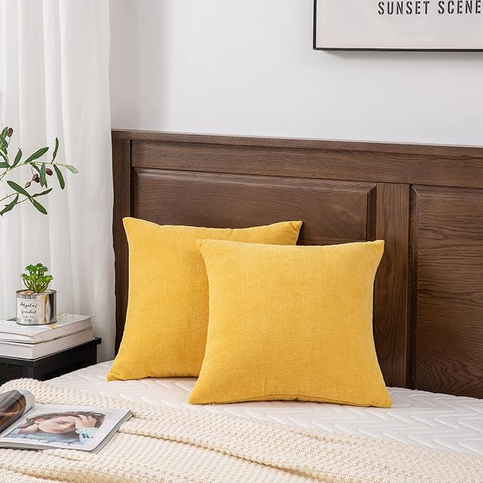 GAWAMAY Decorative Throw Pillow Covers 16x16 Inch Set of 2, Super Soft Chenille Square Pillows Farmhouse Fall Pillowcase for Living Room Bedroom Sofa Couch Cushion Cover Mustard Yellow 40x40cm