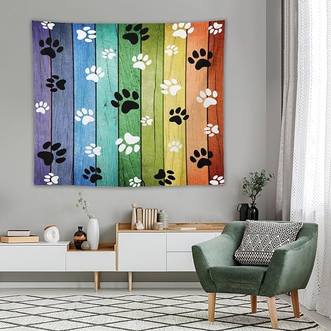 VUMIVI Dog Paw Tapestry Vintage Rustic Colorful Barn Boards Black White Animal Footprints Tapestry Wall Hanging for Living Room Bedroom Dorm Classroom Aesthetic Decor W60xL50in