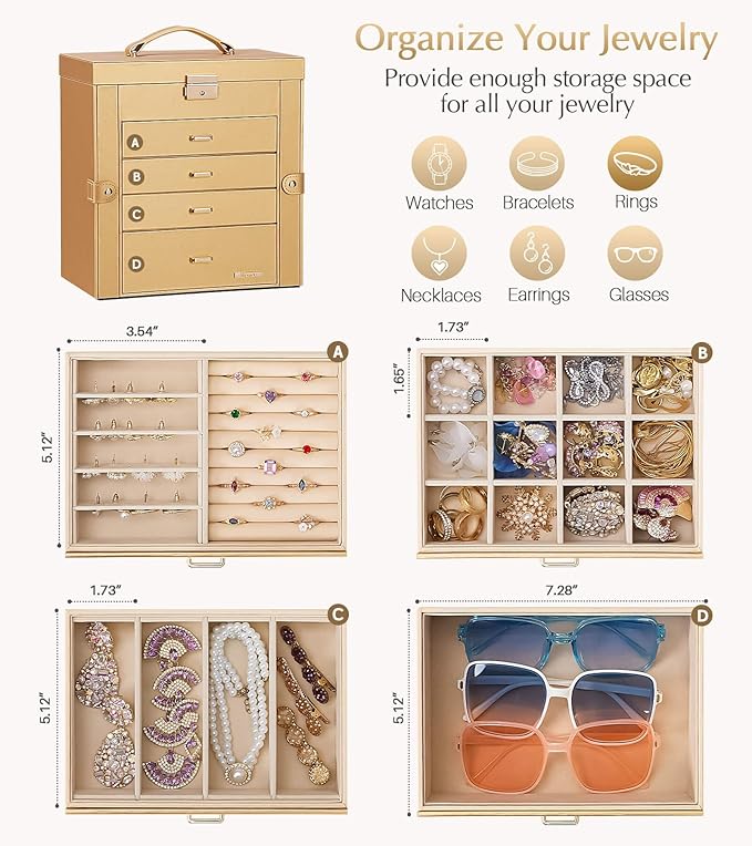 Valentine's Day Gifts Homde Synthetic Leather Huge Jewelry Box Mirrored Watch Organizer Necklace Ring Earring Storage Lockable Gift Case (Gold)