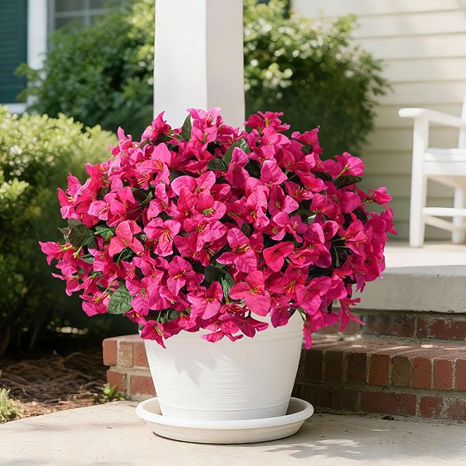 Faux Bougainvillea Artificial Plants Flowers for Outdoors Spring Outside Decor, 4 Bundles Red Fake Bougainvillea Silk Outdoor Flowers UV Resistant Look Real for Porch Patio Window Planter Garden Home