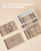 Lolalet Jewelry Box Organizer, 4-Layer Jewelry Organizers and Storage Case with Glass Lid, Ring Earring Bracelet Necklace Holder Organizer, Birthday Valentine Gifts for Women Girls -4Layer, Beige