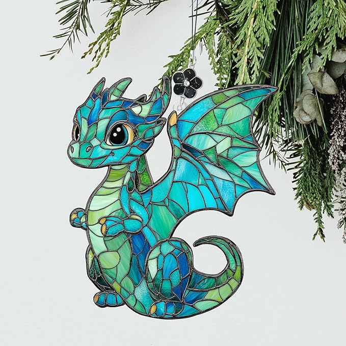 Baby Dragon Stained Glass Style Ornament, Acrylic Window Hanging Suncatcher Decoration, Cute Blue Dragon Fantasy Decor for Christmas Tree, Kids Room or Home, Gift for Women Mom Birthday Holiday