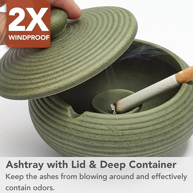 Ashtray with Lid for Outside Patio, Windproof Ash tray, Ceramic Smokeless Ashtray for Outdoor Home Office Tabletop Patio Outdoor Balcony, Dark Green
