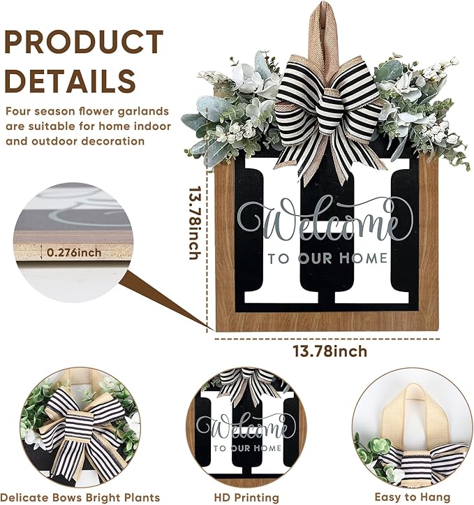 Ultra Large 14'' Last Name All Year Round Front Door Wreath with 26 Initial Letter Welcome Sign All Seasons Eucalyptus Garland and Bow Wreaths for Front Door Porch Farmhouse Decoration (H)