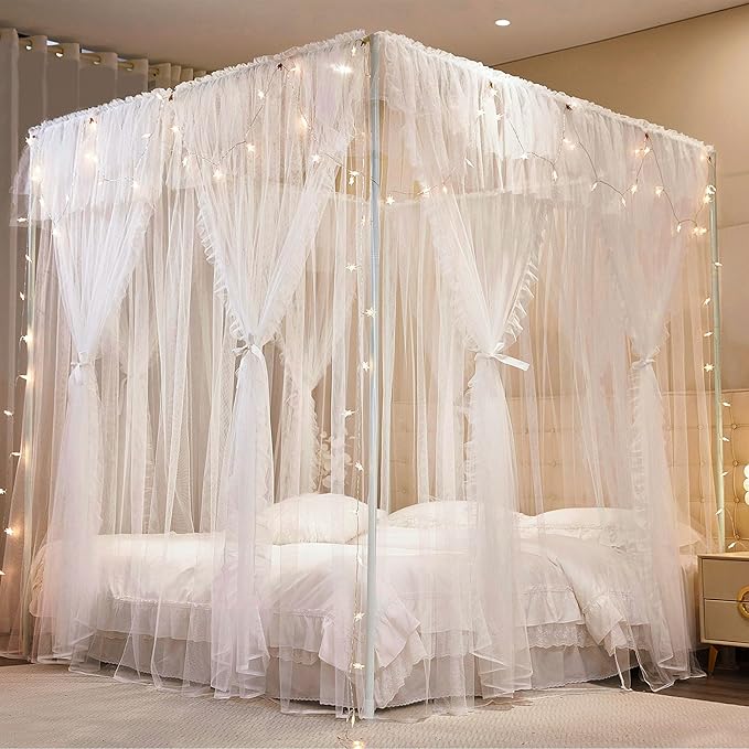 4 Corners Post Princess Curtains Bed Canopy for Girls 8 Panels Curtain- Double Layer Sheer Mesh Canopies Drapes Girls Room Decor (8P-White/White, 4P(27"x82") W+4P(40"x82") L/(Full))