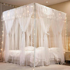 4 Corners Post Princess Curtains Bed Canopy for Girls 8 Panels Curtain- Double Layer Sheer Mesh Canopies Drapes Girls Room Decor (8P-White/White, 4P(33"x82") W+4P(43"x82") L/(Queen))
