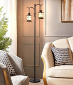 Industrial,Vintage Dimmable Floor Lamp,2 Classical Lanterns Standing Lamp, Rustic Farmhouse Floor Lamp with Black Finish