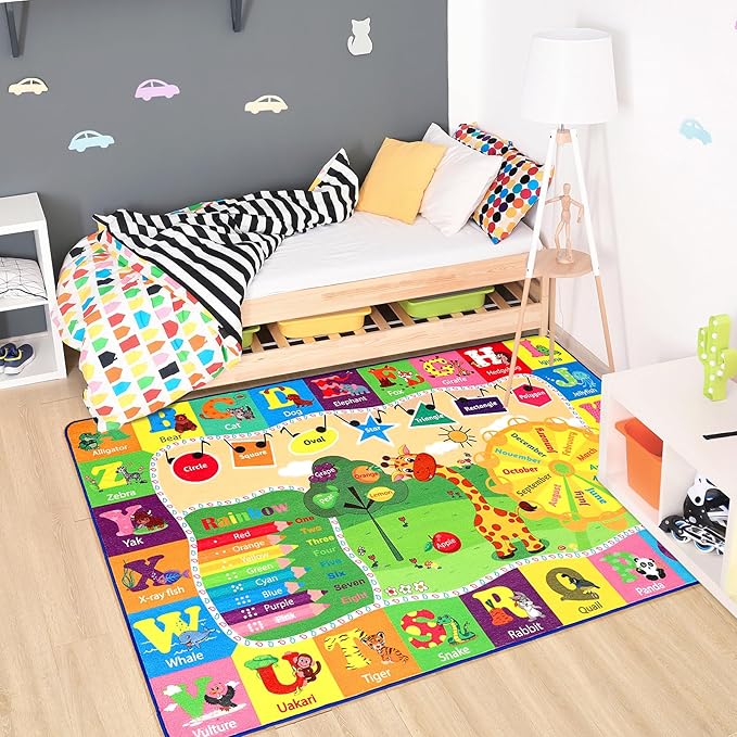 Chicrug Educational 3x5 Kids Area Rug for Playroom, TPR Non Slip Kids Classroom Carpet Rug for Learning ABC Animal, Shape Color Fruit, Washable Play Mat Rug for Children Nursery Toddler Room Decor