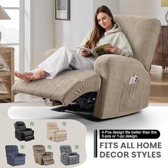 VANSOFY Oversized Recliner Chair Covers, 4-Pieces Stretch Recliner Cover Jacquard Soft Reclining Chair Slipcover Furniture Protector with Elastic Bottom for Lazy Boy Recliner(Khaki)