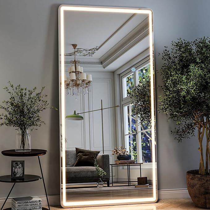 GLSLAND 34x76 inch Full Length Mirror with Lights - LED Full Body Mirrors Stepless Dimmable 3 Color Lighting Floor Standing Hanging for Bedroom Cloakroom,White