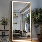 GLSLAND 34x76 inch Full Length Mirror with Lights - LED Full Body Mirrors Stepless Dimmable 3 Color Lighting Floor Standing Hanging for Bedroom Cloakroom,White