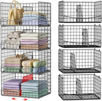 4-Tier Closet Organizers and Storage Shelves with Divider, Stackable Closet Shelf Organizer Basket Bins, Clothing Sweaters Storage Container for Wardrobe Cupboard, Black