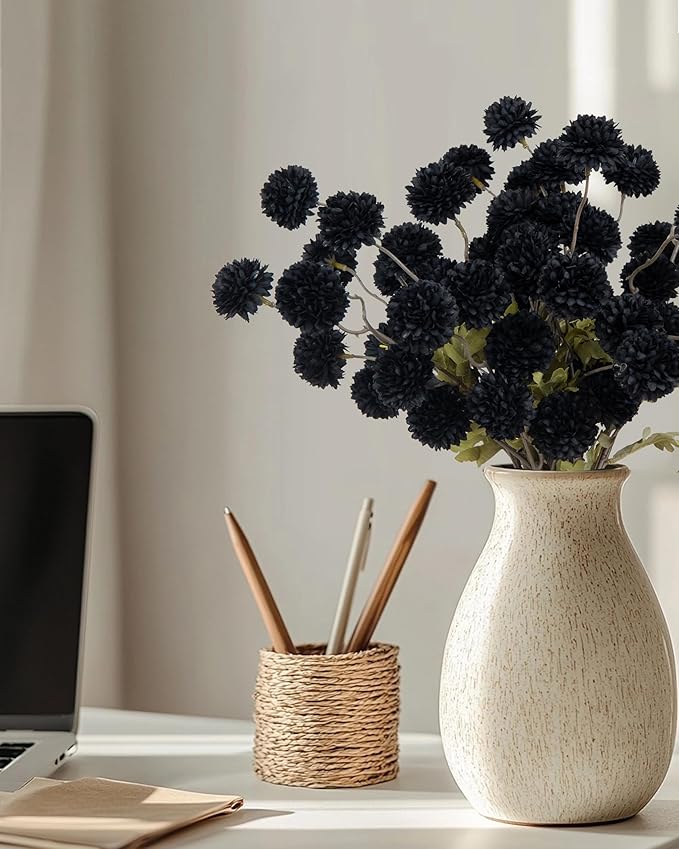 DuHouse 6pcs Black Flowers Faux Silk Pompon Mum,Silk Small Mini Chrysanthemum Ball with Stems for DIY Wedding Bouquets Centerpieces Vase Home Table Halloween Decorations(Black)