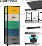 Dresser with 5-Drawer, Tall Fabric Storage Tower for Closet, Colorful Organizer Unit for Bedroom, Categorized Storage by Colors, Easy Pull Fabric Bins (Colourful)