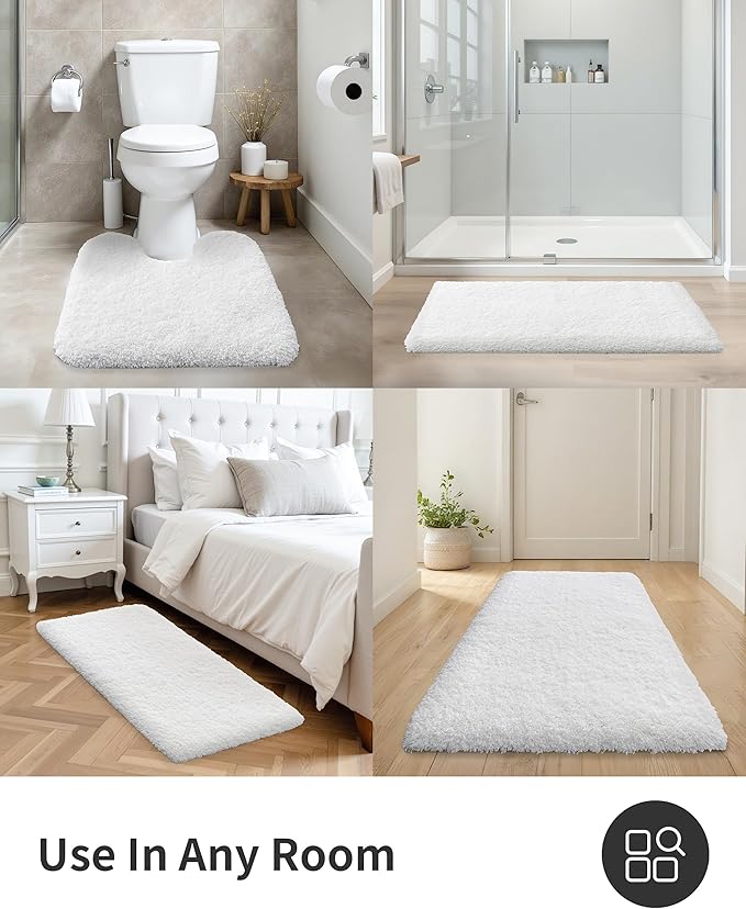 ILANGO White Bathroom Rugs 70" × 24" Non Slip & Super Absorbent Extra Thick Soft, Washable Bath Carpet Runner for Floor, Microfiber Plush Shaggy Bath Mats with Rubber for Bedroom Bathtub Shower Room