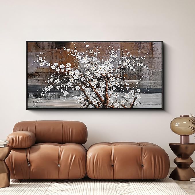 KLAKLA Wall Art for Living Room - White Plum Blossom Brown Trunk Natural Landscape Wall Decor Framed Picture Artwork for Wall Modern Paingings Extra Large Wall Art