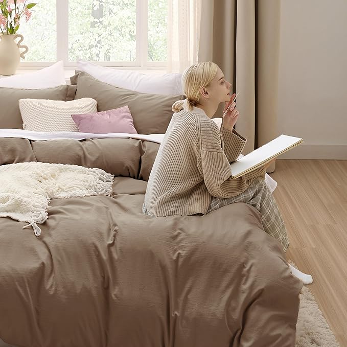 Bedsure Deep Khaki Duvet Cover Full Size - 3 Pieces Prewashed Extra Soft Cotton-Like Bedding Set, Includes 1 Duvet Cover 80x90 Inches with Zipper Closure & 2 Pillow Shams, Comforter Not Included