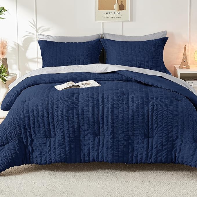 HYMOKEGE Navy Blue/Light Grey Twin XL Comforter Set Seersucker 5 Pieces, All Season Luxury Bed in a Bag for Bedroom, Bedding Set with Comforter, Sheets, Pillowcase & Sham