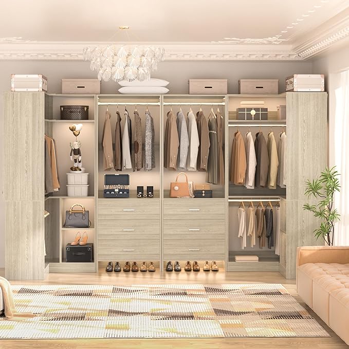 Aheaplus Closet System with 6 Drawers, 6 Hanging Rods & Corner Tower, Corner Closet System with Hanging, 112.5" U-Shaped Walk-In Wardrobe Organizer, 2000+ lbs Capacity, Set of 4, White Oak