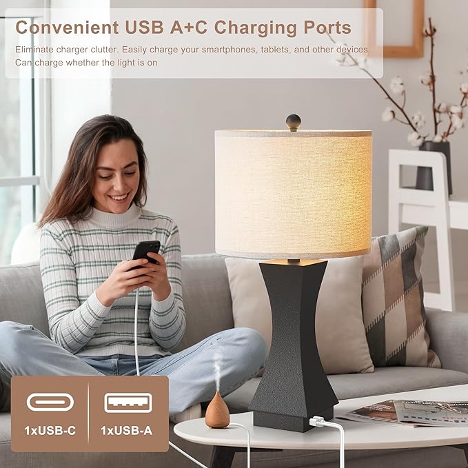 24.5" Modern Table Lamp Set of 2, 3-Way Dimmable Bedside Lamps with USB C & A Charging, Farmhouse Resin Nightstand Lamps with Beige Linen Shade for Bedroom, Living Room, Home Office (Black)