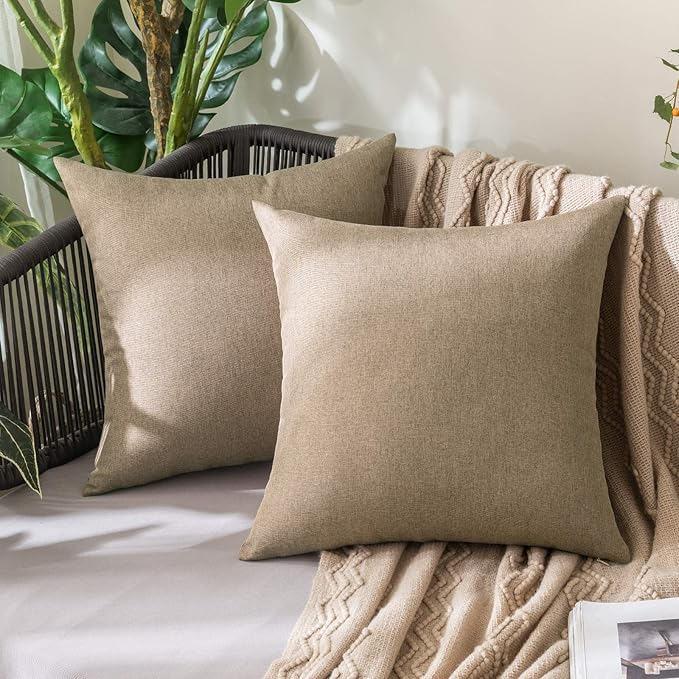 MIULEE Pack of 2 Decorative Outdoor Solid Waterproof Throw Pillow Covers Euro Sham Faux Linen Garden Farmhouse Cushion Cases for Patio Tent Balcony Couch Sofa 26x26 Inch Khaki