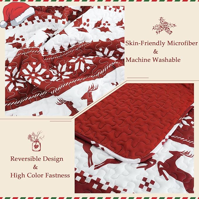 Exclusivo Mezcla Reversible Christmas Quilts Queen Size, Red Bedspread Lightweight Coverlet Winter Quilt Bedding Set with Printed Striped Reindeer Snowflakes Pattern (1 Quilt, 2 Pillow Shams)