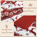 Exclusivo Mezcla Reversible Christmas Quilts King Size, Red Bedspread Lightweight Coverlet Winter Quilt Bedding Set with Printed Striped Reindeer Snowflakes Pattern (1 Quilt, 2 Pillow Shams)