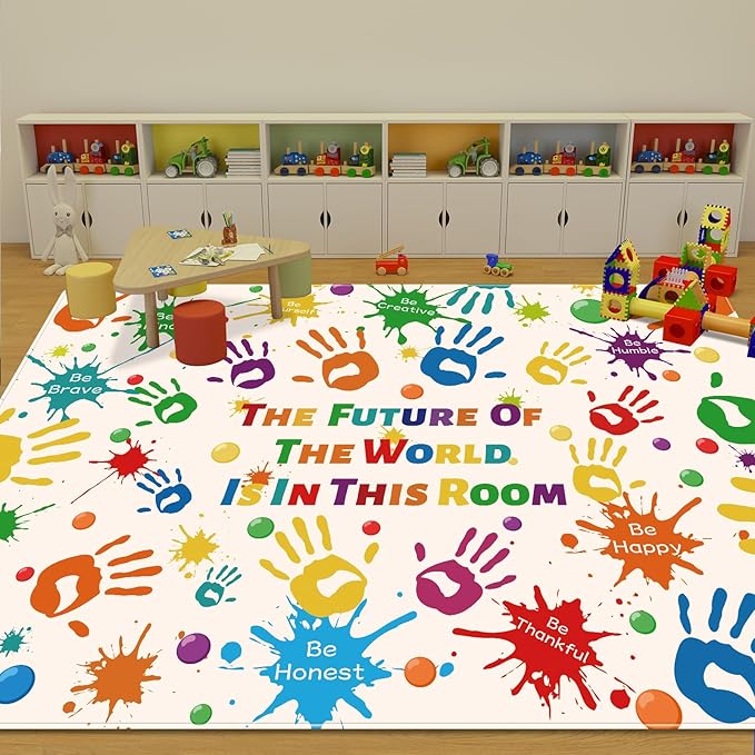 Colorful Kids Rug, Washable Handprints Area Rug for Kids Bedroom, Non-Slip Play Mat Ultra Soft Thick Indoor Plush Rug for Playroom Classroom Nursery Decor (9'2" X 6'7")