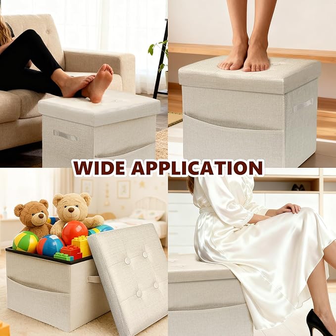 ALASDO Storage Ottoman Footrest Stool Small Ottoman with Storage Foldable Ottomans Foot Rest Footstool Bench for Living Room 17x13x13inches Beige