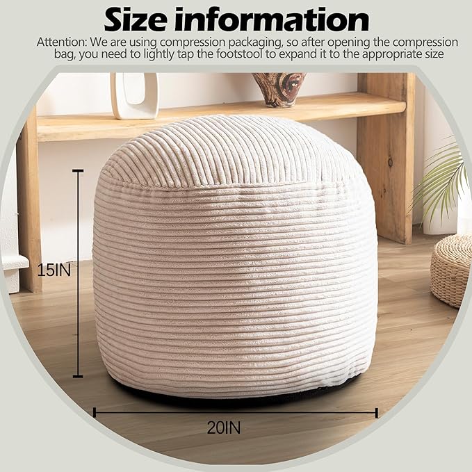 Sqodok Round Stuffed Pouf Ottoman for Foot Stools, 20"x 15" Corduroy Poufs Ottoman with Shredded Foam Filling, Washable Floor Poufs Foot Rest for Living Room Bedroom Home Decor and Office Chair