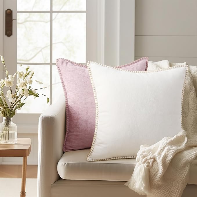 decorUhome Spring Chenille Soft Cozy Throw Pillow Covers 16x16 Set of 2, Modern Farmhouse Boho Velvet Decorative Pillow Cases with Stitched Edge for Couch Sofa Bed Home Decor, Cream White