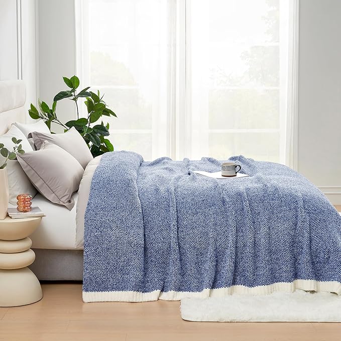Snuggle Sac Super Soft & Reversible Heather Royal Blue Throw - Oversized Cozy Knit Blanket for Bed, Sofa, Living Room, Twin Size (60x80 Inches)
