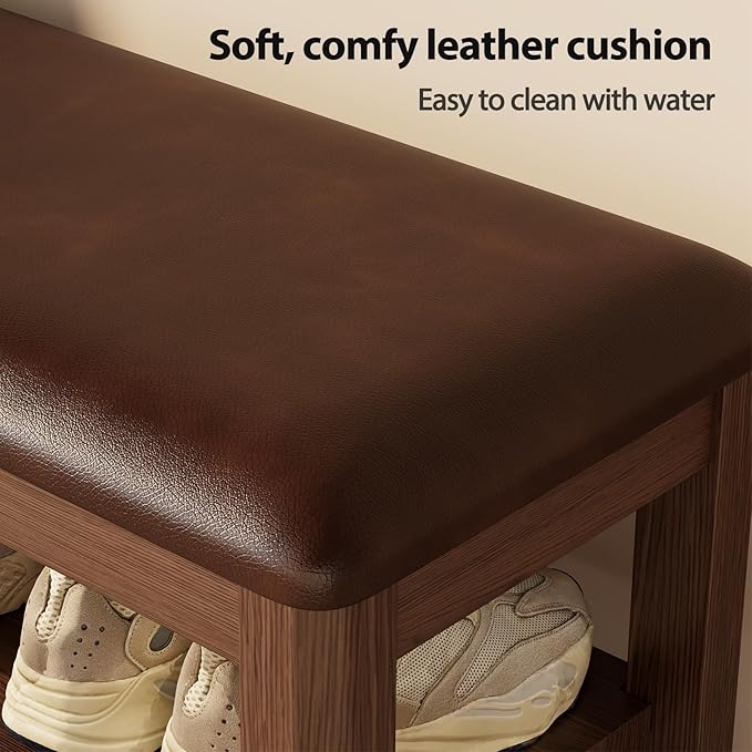 Solid Rubberwood Shoe Bench with Cushion, 3-Tier Entryway Bench with 14.6" Tall Boot Storage, Adjustable Shelves Shoe Rack Bench Used for Mudroom, Bedroom, Hallway, Walnut Finish (39.4" W)