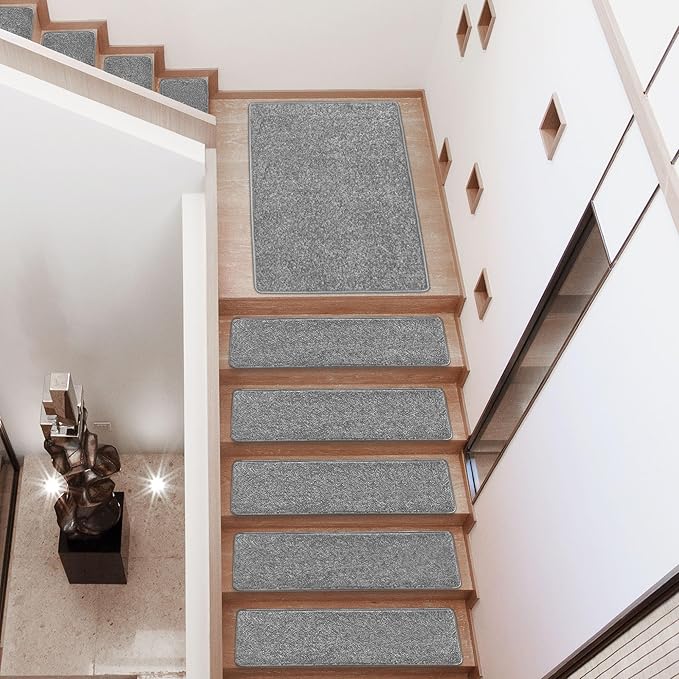 PURE ERA Carpet Stair Treads Tape Free Non Slip Indoor Stair Carpet Stair Protectors Pet-Friendly Non-Slip Skid Resistant Washable Reusable 8" x 30"(14 Pieces,Gray)