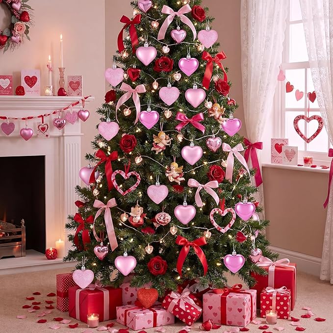 XmasExp Valentines Day Decor Heart Ornaments for Christmas Tree Decorations Set of 24 Pink Heart Shaped Bauble Perfect for Valentine's Day Wedding Anniversaries and Party Supplies（Pink）