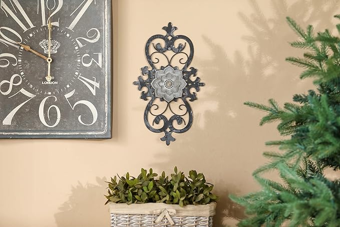 Metal Flowers Wall Art, 15.75” x 9” Metal Scroll Floral Wall Decor, Hanging Wall Sculpture with Wooden Bohemian Flower, Iron Wall Decoration for Living Room Kitchen, Outside Wall Decor for Garden