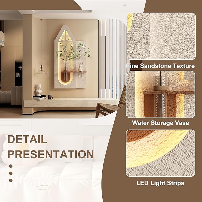 LED Sandstone Wall Decor, 3D Wall Art Sculpture, Simulated Plants, Glass Vase & Remote Control 3 Color Light for Living Room, Bedroom, Corridor(Light Coffee,47.2 * 13in)