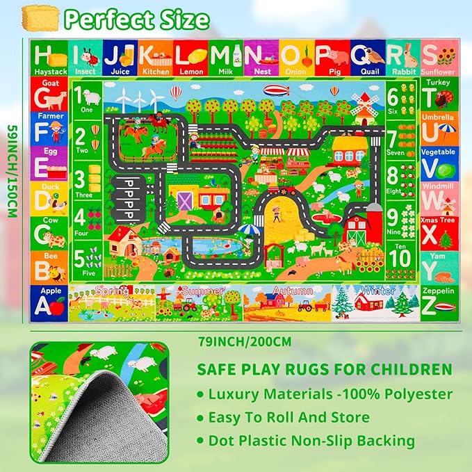 Kids Rugs for Toy Cars Playroom 78.7"×59" ABC Farm Life Road Traffic Kids Car Road Rugs Village Map Play Mat for Toddlers Boys Room Family Tummy Time Playtime Learning Carpet
