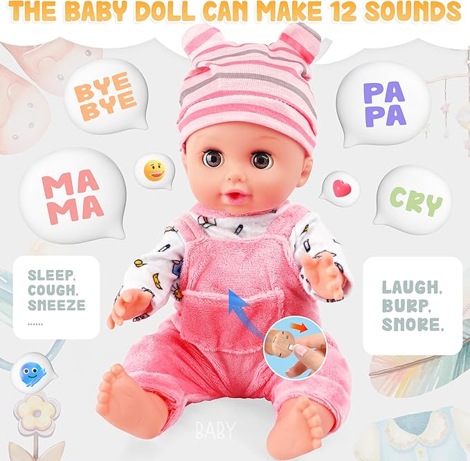 SMILESSKIDDO Baby Doll Set - 14" Babydoll with Dolls Accessiores, Realistic Pretend Play Doll Includes Carrier Bassinet Bed, Feeding Set, Doll Clothes, Toddler Toys Gifts for 1 2 3 4 5 Year Old